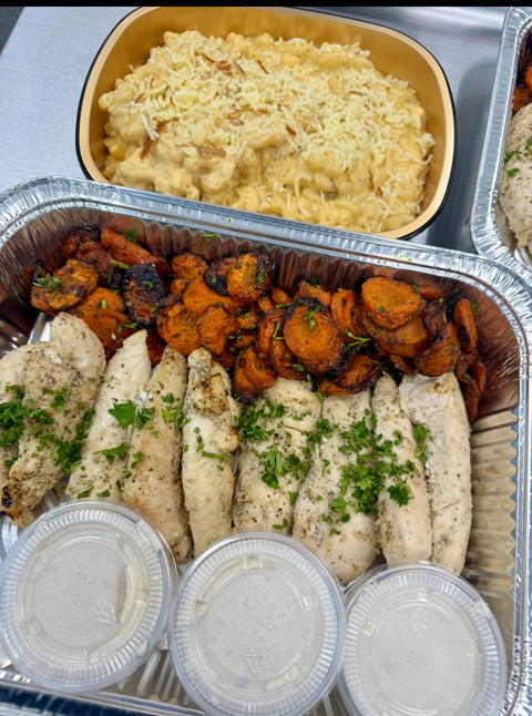 Chicken tenderloins or Salmon, Gouda Mac & cheese, roasted Vichy carrots with hatch Chiles bacon cream sauce (GF) Family bonus: 6 mini French bread rolls