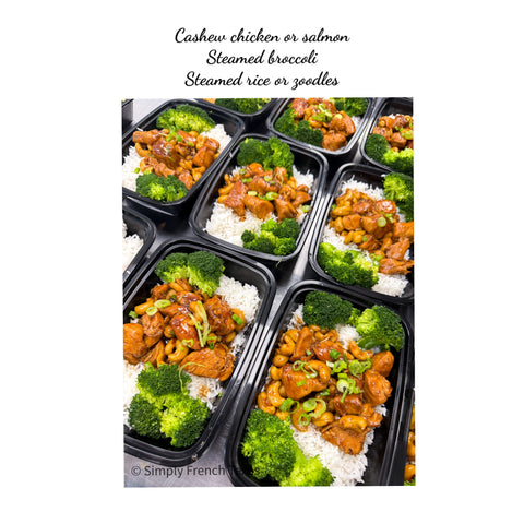 Cashew chicken or salmon with broccoli & rice or zoodles
