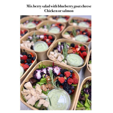 V2-Mixed berry salad with blueberry/ vanilla goat cheese & glazed pecans , chicken or salmon & balsamic dressing