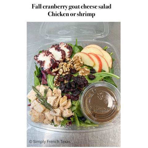 Fall salad: cranberry goat cheese or feta cheese, apples, chicken or salmon