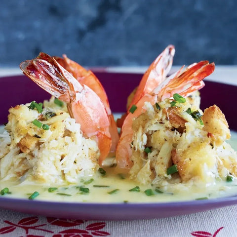 Shrimp stuffed with crab, lemon sauce with mascarpone, lemon & peas risotto or cauliflower risotto