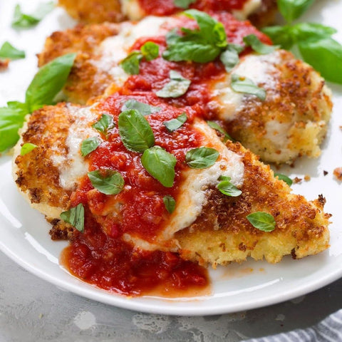 Chicken Parmesan with creamy orzo & roasted broccoli