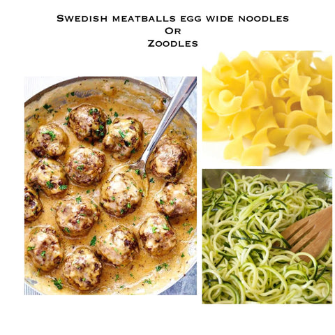 Swedish meatballs with egg wide noodles or zoodles