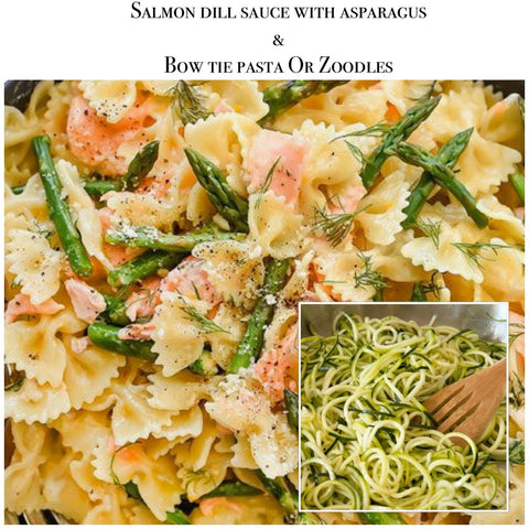Salmon dill sauce with pasta or zoodles & asparagus