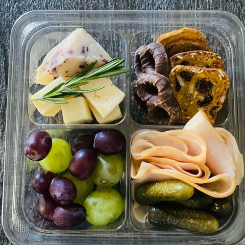 Snack/Lunch boxes (classic, vegetarian, Lenten, tarragon cranberry chicken, salmon gravlax))