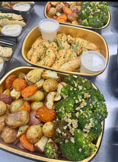 Dijon-Roasted Pork or Chicken with Herb-Roasted Vegetables & Dijon Cream Sauce (GF)