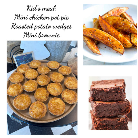 Kid's meal: mini chicken pot pie, potato wedges and mini brownie