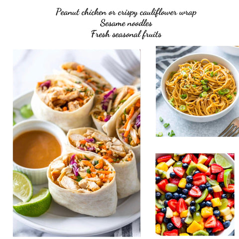 V2- Combo lunch box: Asian chicken wrap, sesame noodles & fresh fruits