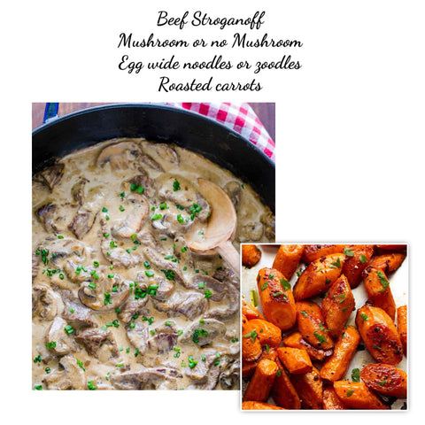 Beef Stroganoff with egg wide noodles or zoodles (mushroom or no mushroom)