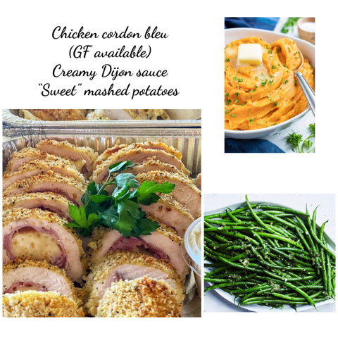 Chicken cordon bleu, “sweet” mashed potatoes, sautéed haricot verts & mustard cream sauce