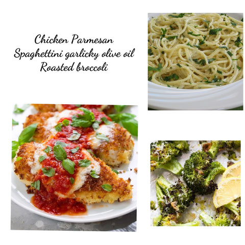 Chicken Parmesan, spaghettini & roasted broccoli