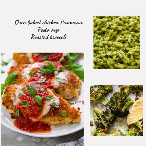 Oven-Baked Chicken Parmesan with Pesto Orzo & Roasted Broccoli (double veggie option)