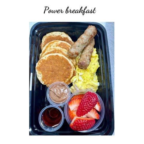 Pancakes, eggs, sausage & fruit breakfast (GF available/ family size available)