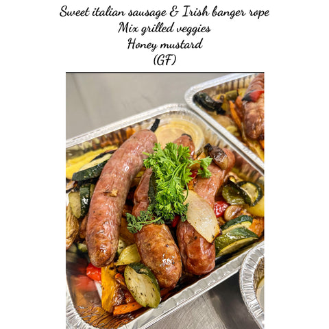 Sweet mild  Italian & Irish sausages, mix veggies & honey mustard (GF)
