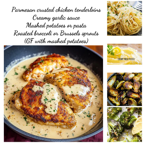 Parmesan crusted chicken tenderloins, creamy garlic sauce, mashed potatoes or pasta, roasted broccoli or Brussels sprouts