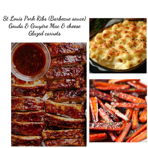 Barbecue St Louis Pork ribs, Gouda Mac & cheese & glazed carrots (limited quantities)