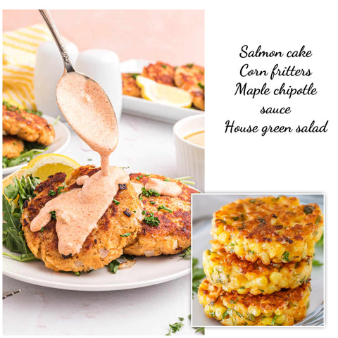 Salmon cakes with capers & maple chipotle sauce, corn fritters & green salad
