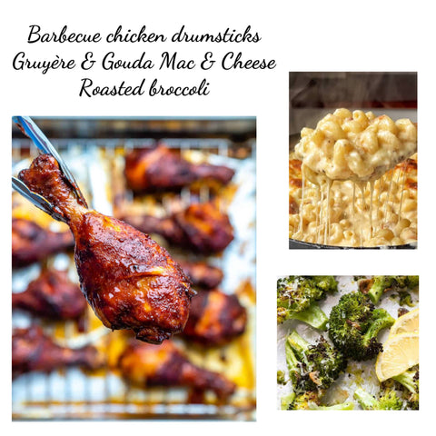 Barbecue Chicken Drumsticks with Gruyère & Gouda Mac & Cheese and Roasted Broccoli