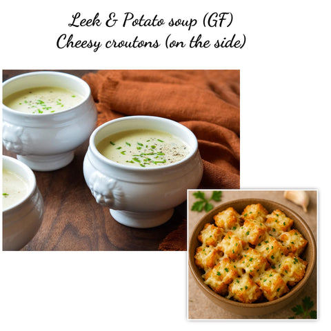 Leek & Potato soup (GF), cheesy croutons (on the side)
