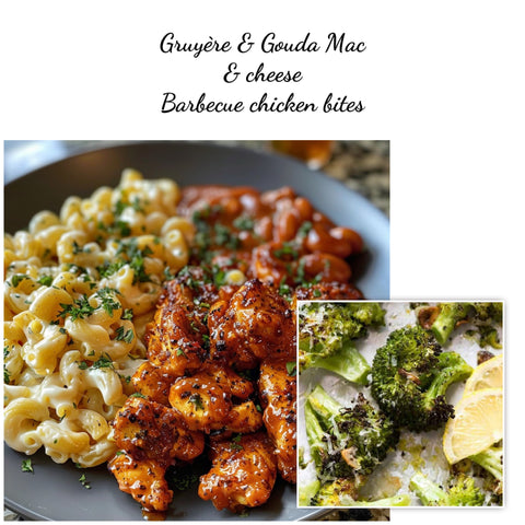 Barbecue chicken bites  with Gruyère & Gouda Mac & Cheese and Roasted Broccoli