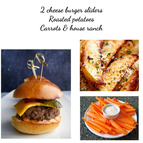 Two Cheese burger sliders , roasted potato wedges, carrots & house-made ranch